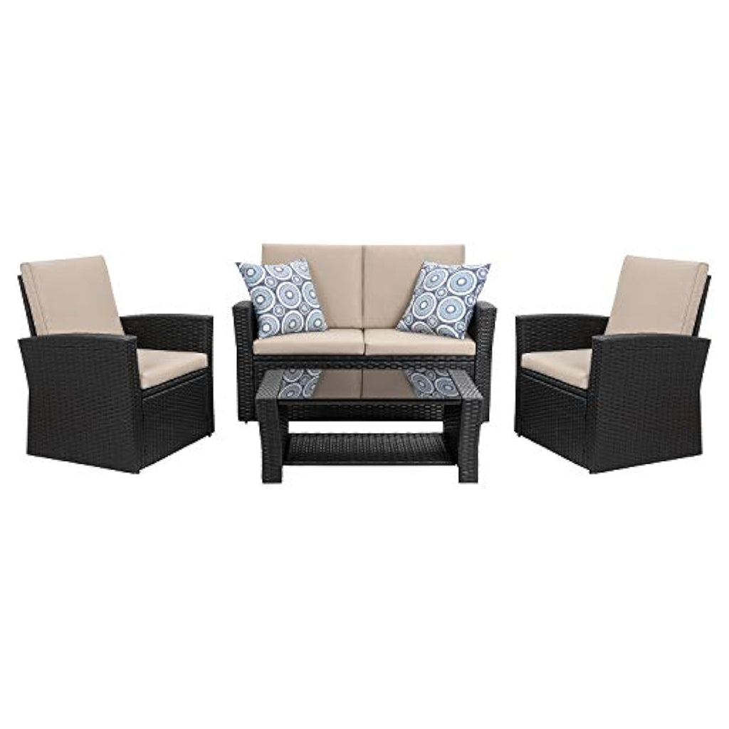 Outdoor Patio Furniture Set Rattan Sofa Chair Couch with Glass Coffee Table