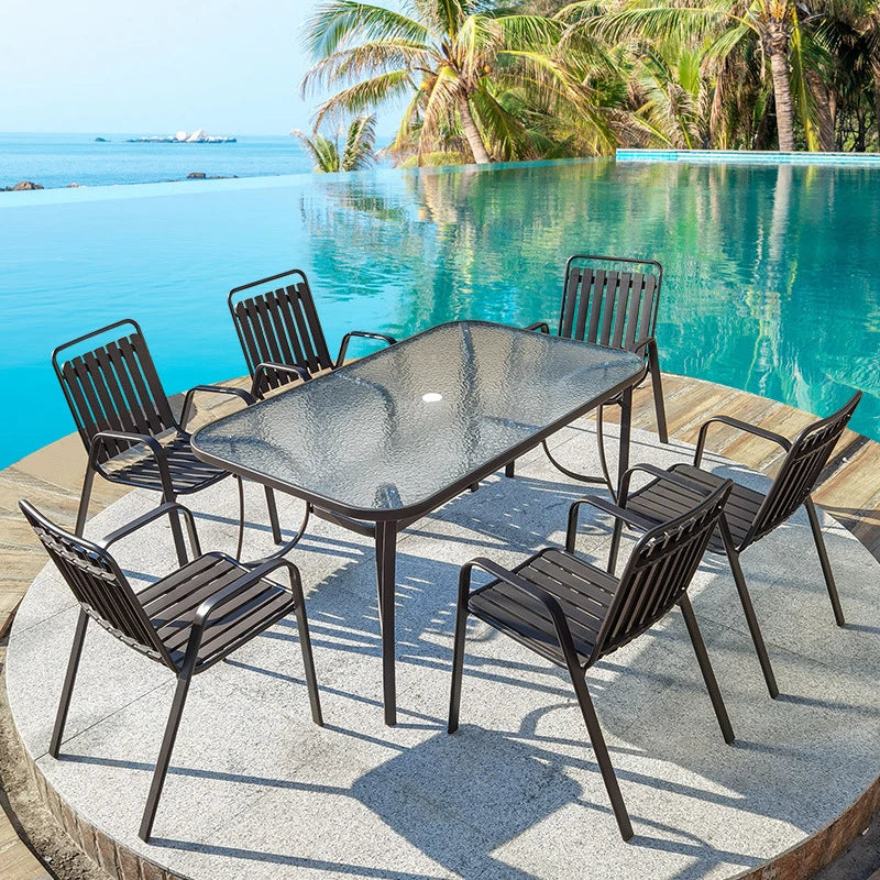 6-seater Outdoor Furniture Dining Chairs Table Patio Garden Table With Glass