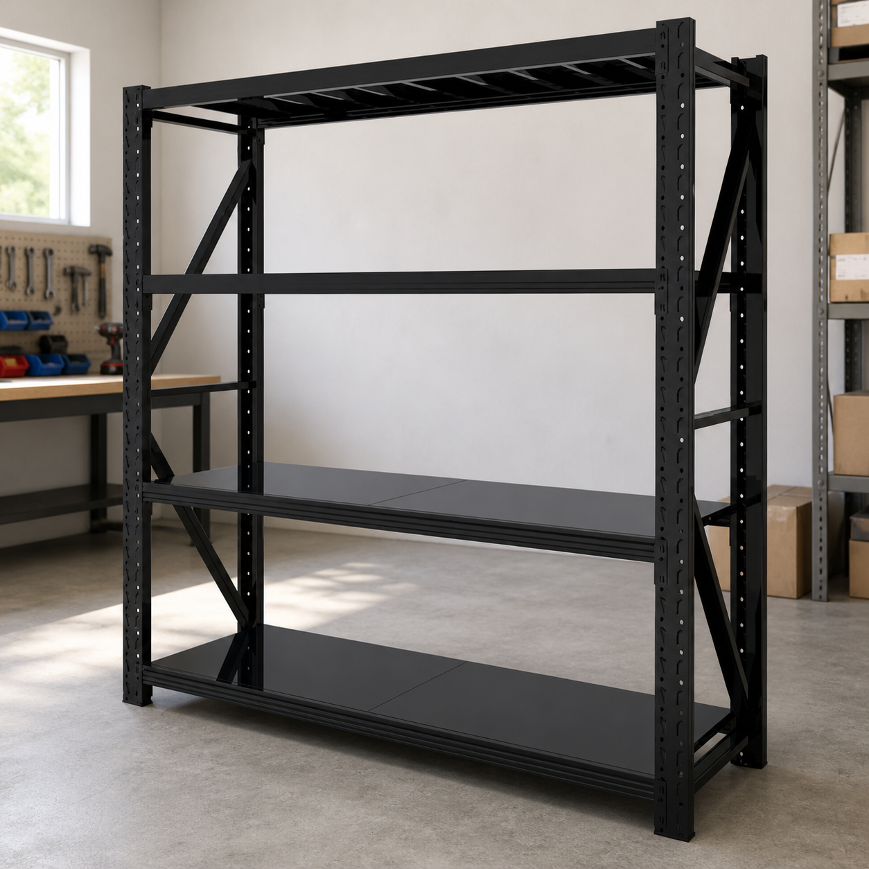 Industrial steel shelving starter bay 200 × 200 × 50 cm in a workshop setting