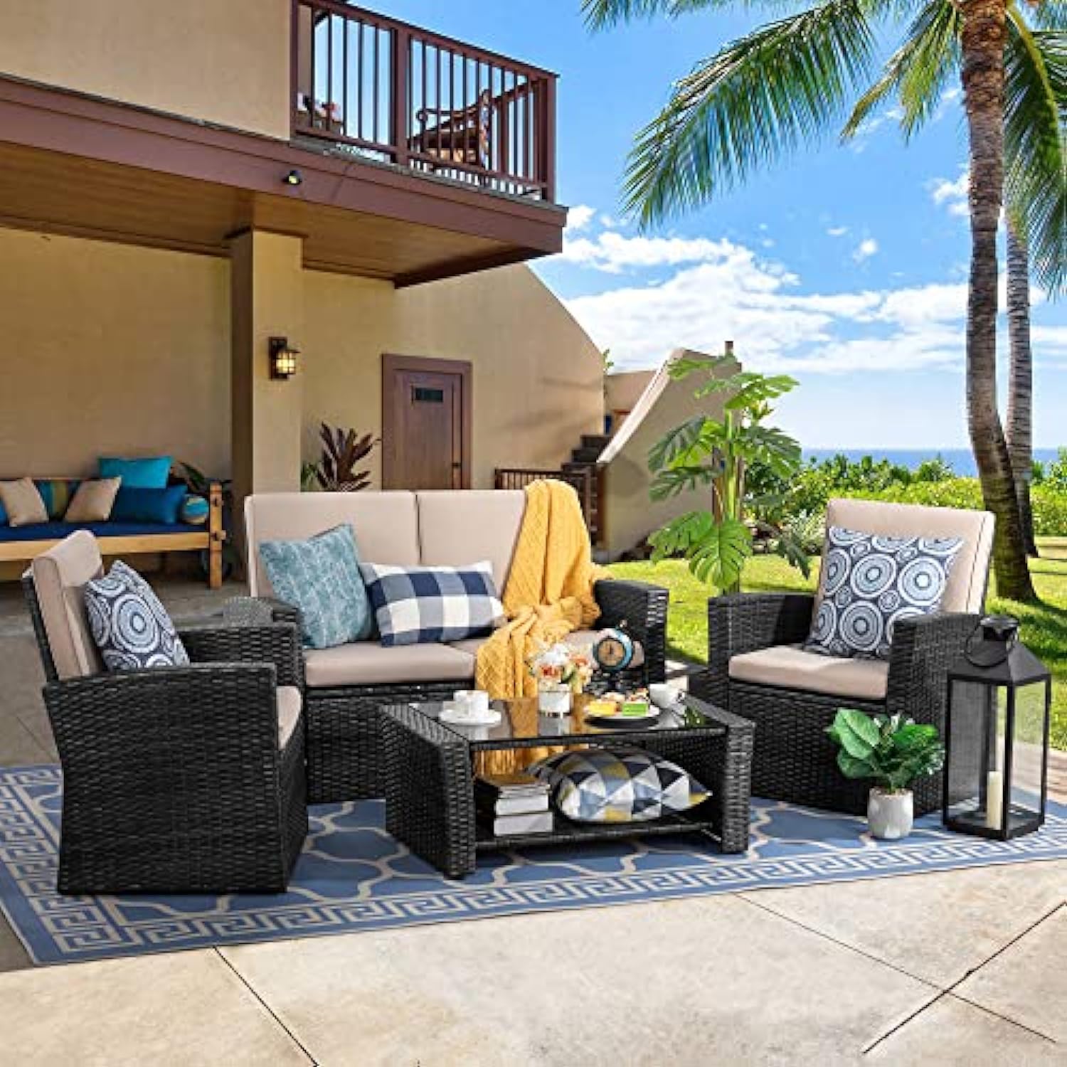 Outdoor Patio Furniture Set Rattan Sofa Chair Couch with Glass Coffee Table