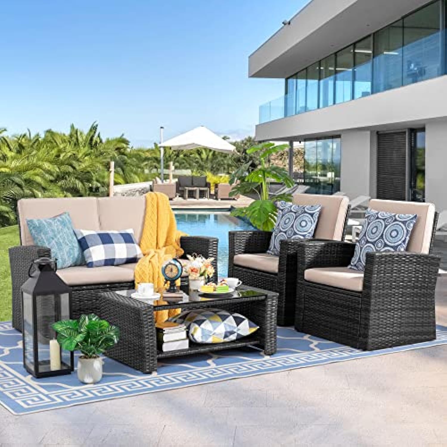 Outdoor Patio Furniture Set Rattan Sofa Chair Couch with Glass Coffee Table