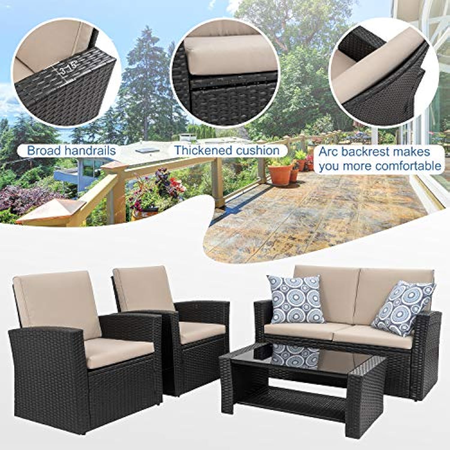 Outdoor Patio Furniture Set Rattan Sofa Chair Couch with Glass Coffee Table