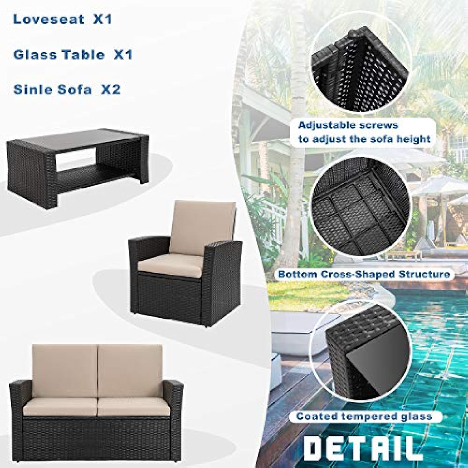 Outdoor Patio Furniture Set Rattan Sofa Chair Couch with Glass Coffee Table